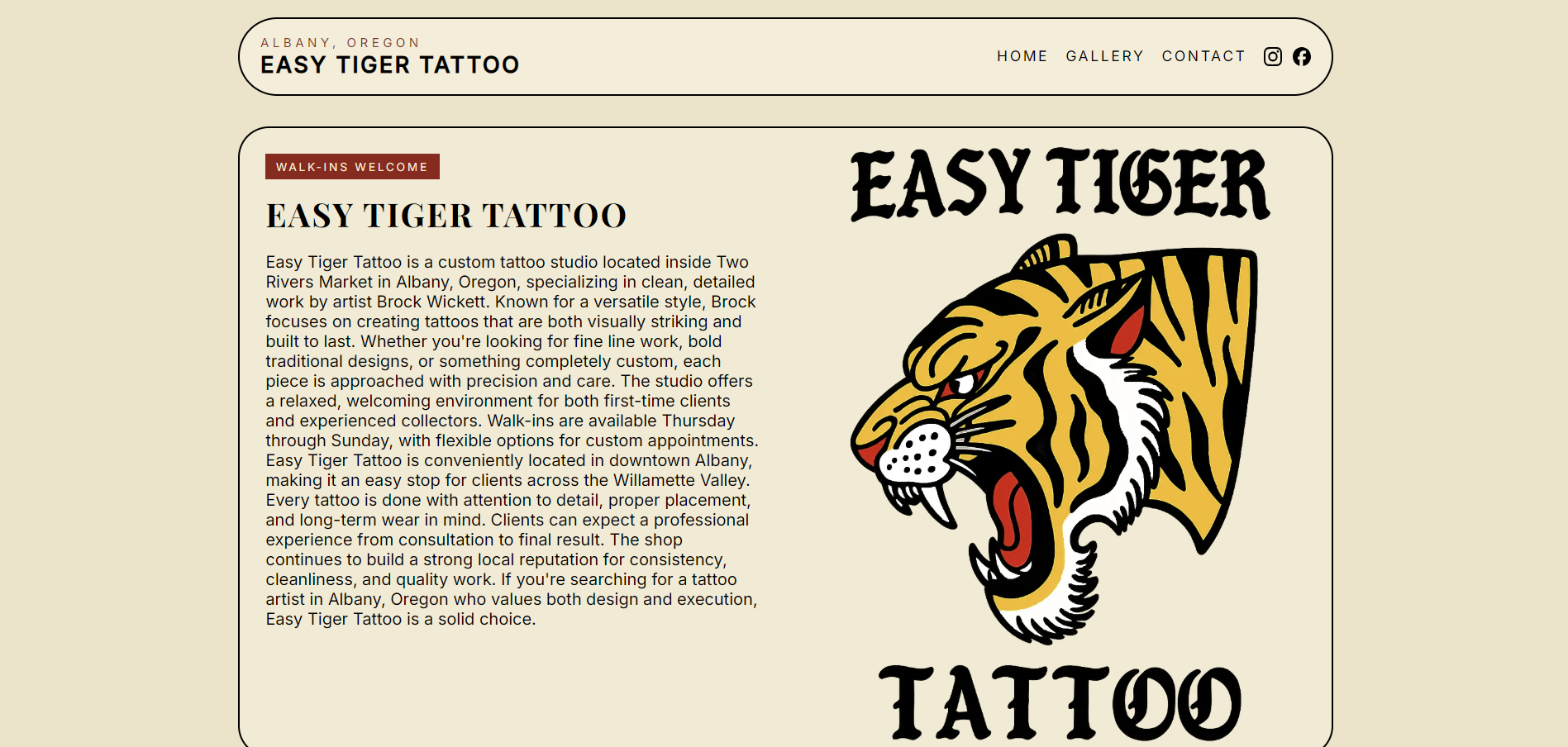 Easy Tiger Tattoo website built by CJAX Digital
